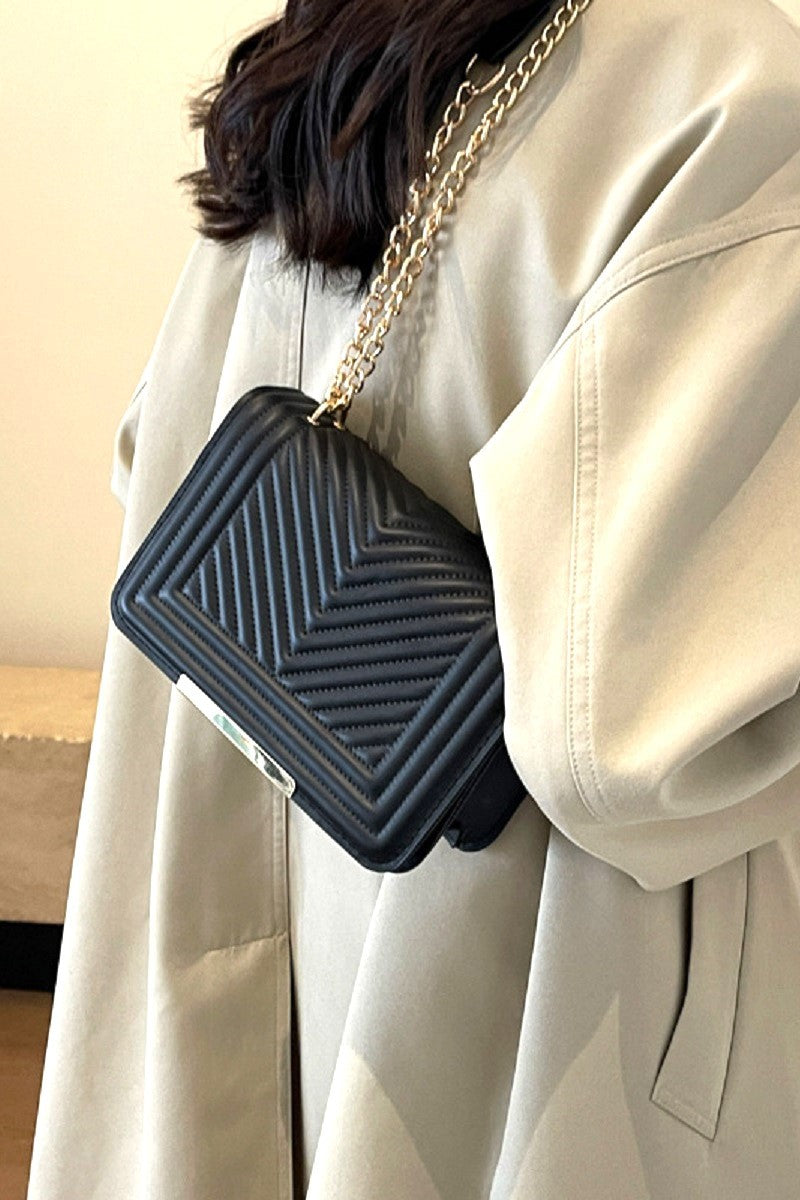 Chevron Crossbody Shoulder Flap Bag - Black