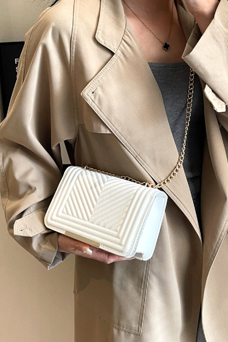 Chevron Crossbody Shoulder Flap Bag - White
