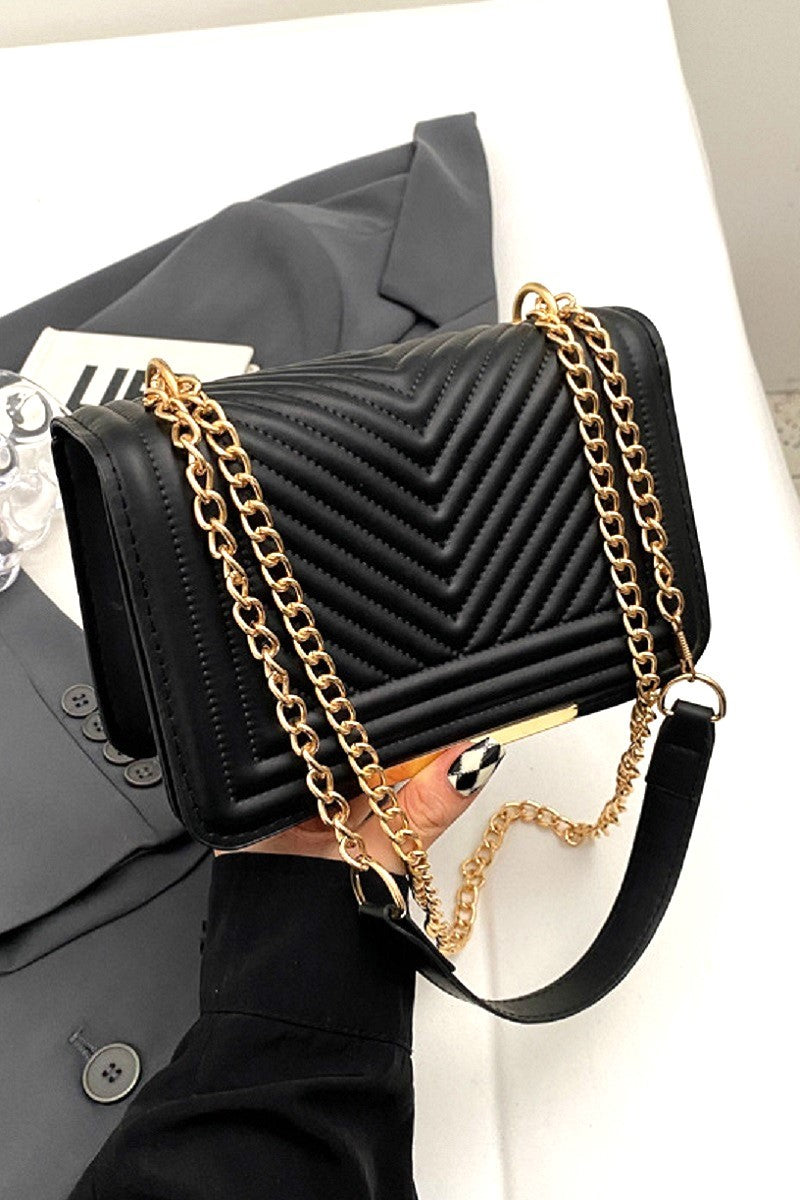 Chevron Crossbody Shoulder Flap Bag - Black