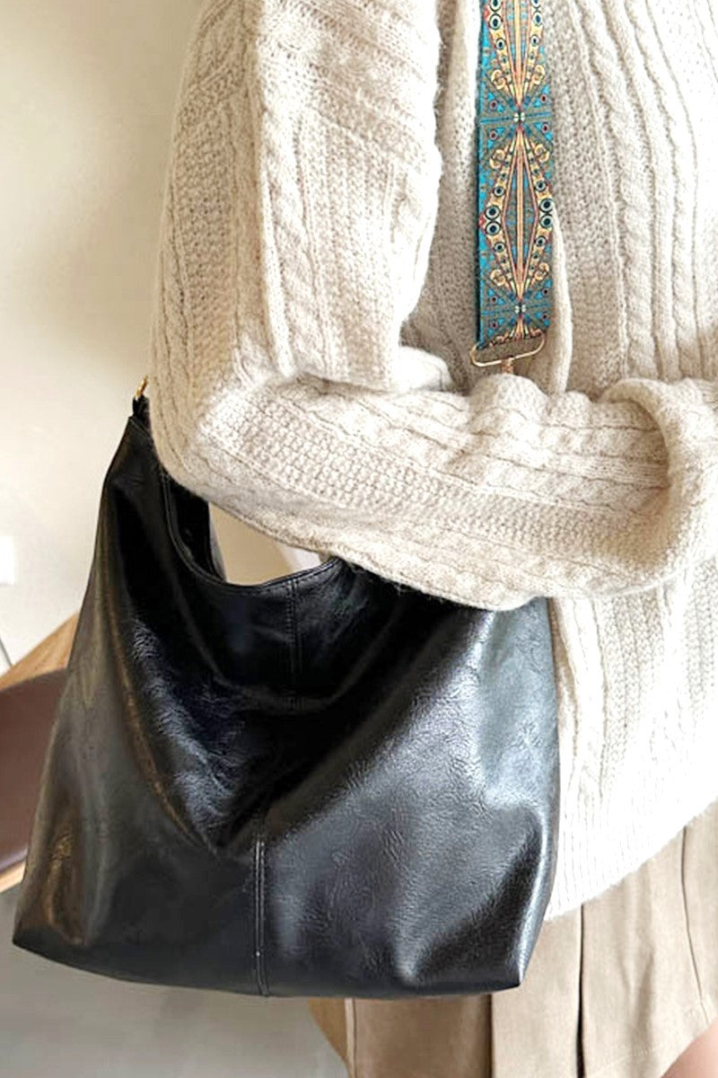 Retro Pattern Vegan Leather Crossbody Shoulder Bag- Black