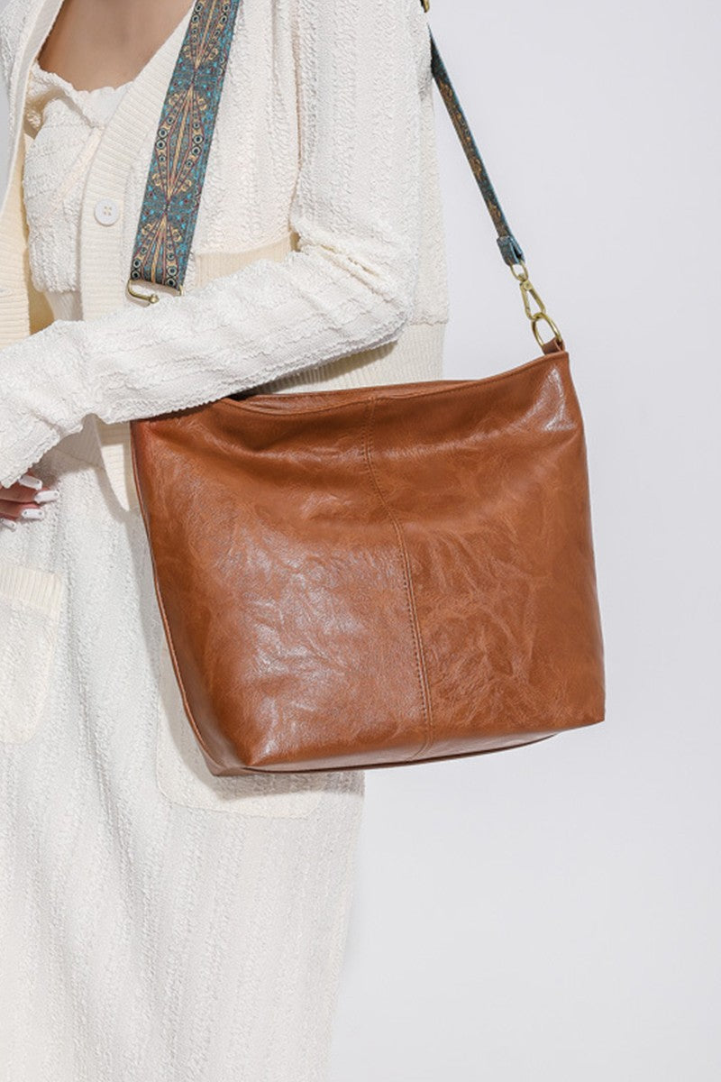 Retro Pattern Vegan Leather Crossbody Shoulder Bag- Camel