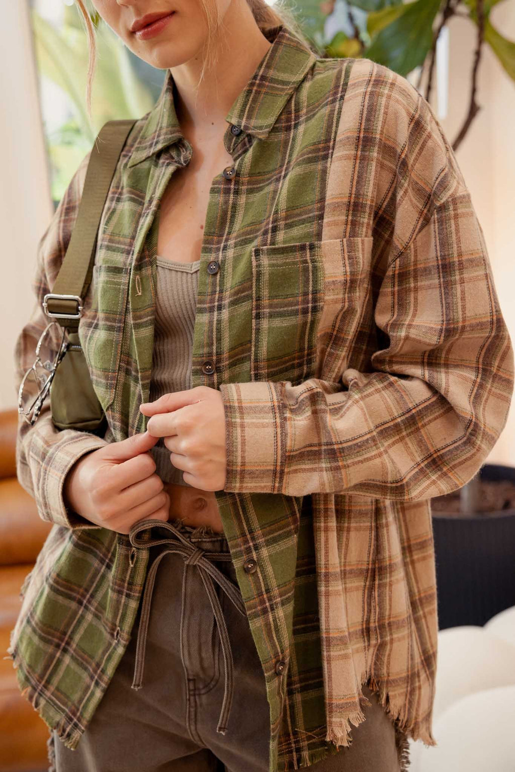 Colorblock Plaid Collared Button Down Shirt