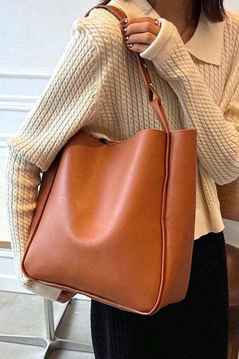 Simple Trendy Vegan Leather Shoulder Pouch Bag - Camel