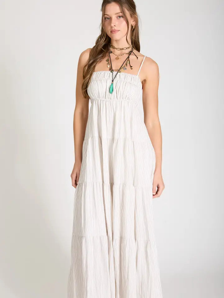 Stripe Shirred Empire Waist Tiered Midi Dress