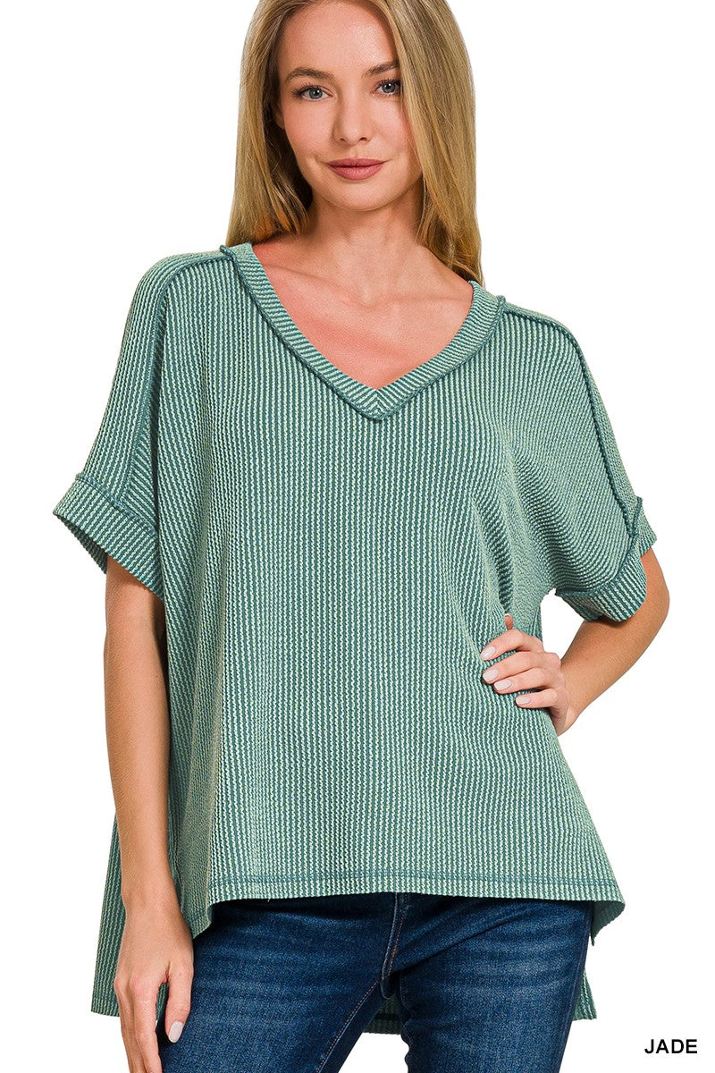 Raised Rib Hi-low V Neck Top - Jade