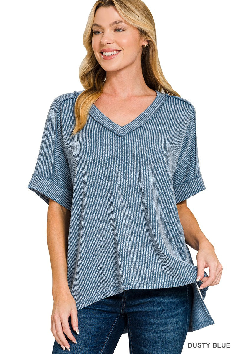 Raised Rib Hi-low V Neck Top - Dusty Blue
