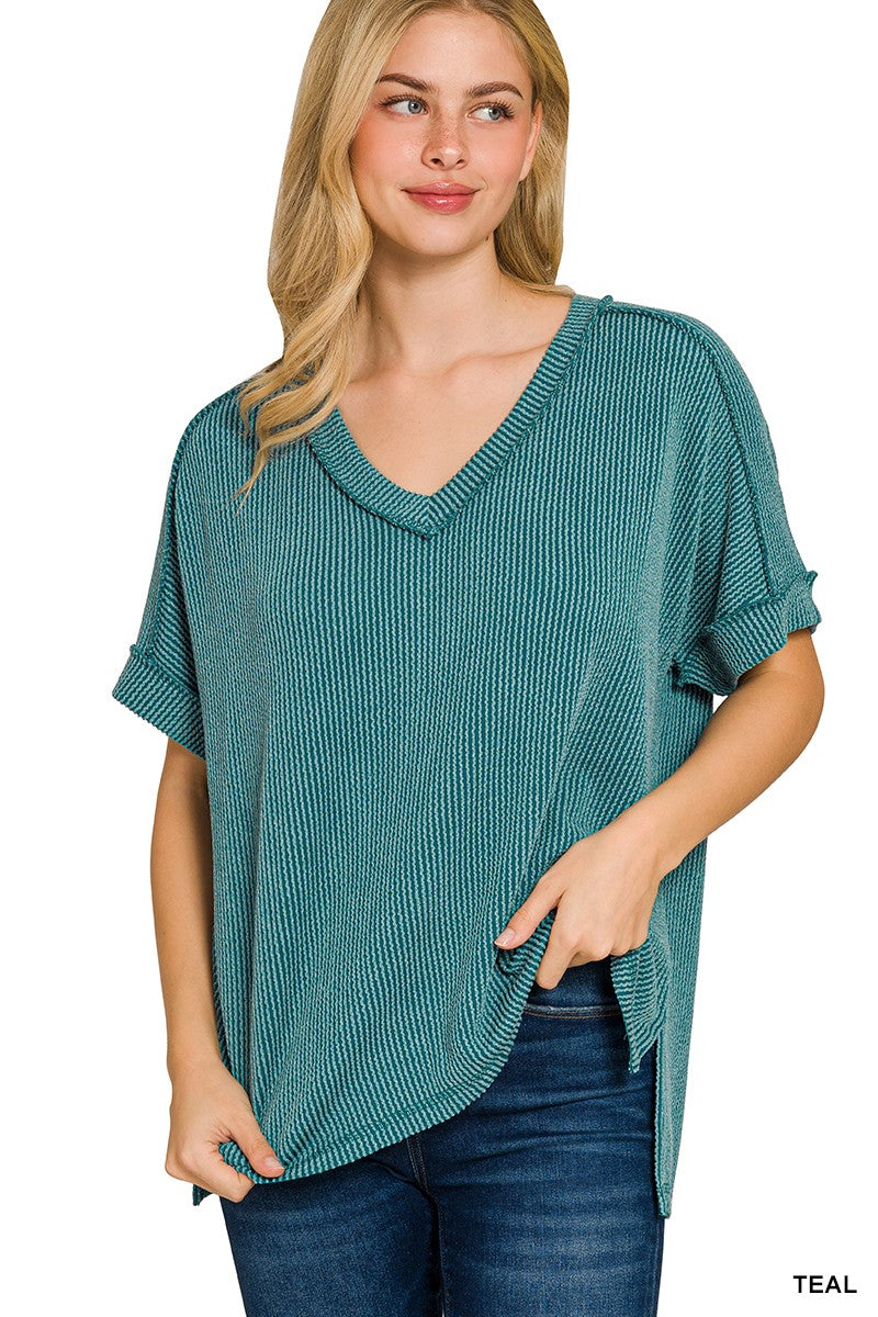 Raised Rib Hi-low V Neck Top - Teal