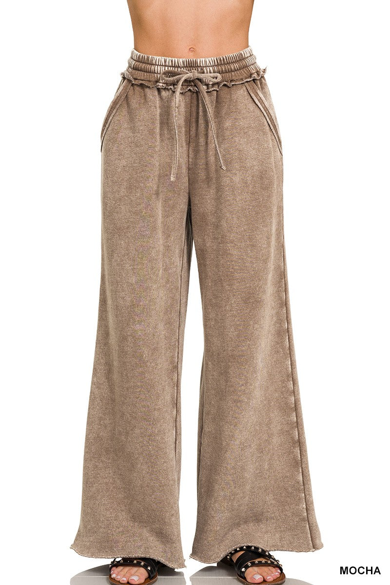 Acid Wash Fleece Palazzo Sweatpants With Pockets Mocha
