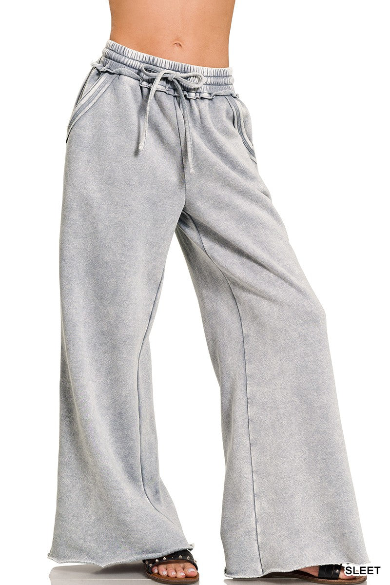 Acid Wash Fleece Palazzo Sweatpants With Pockets Sleet