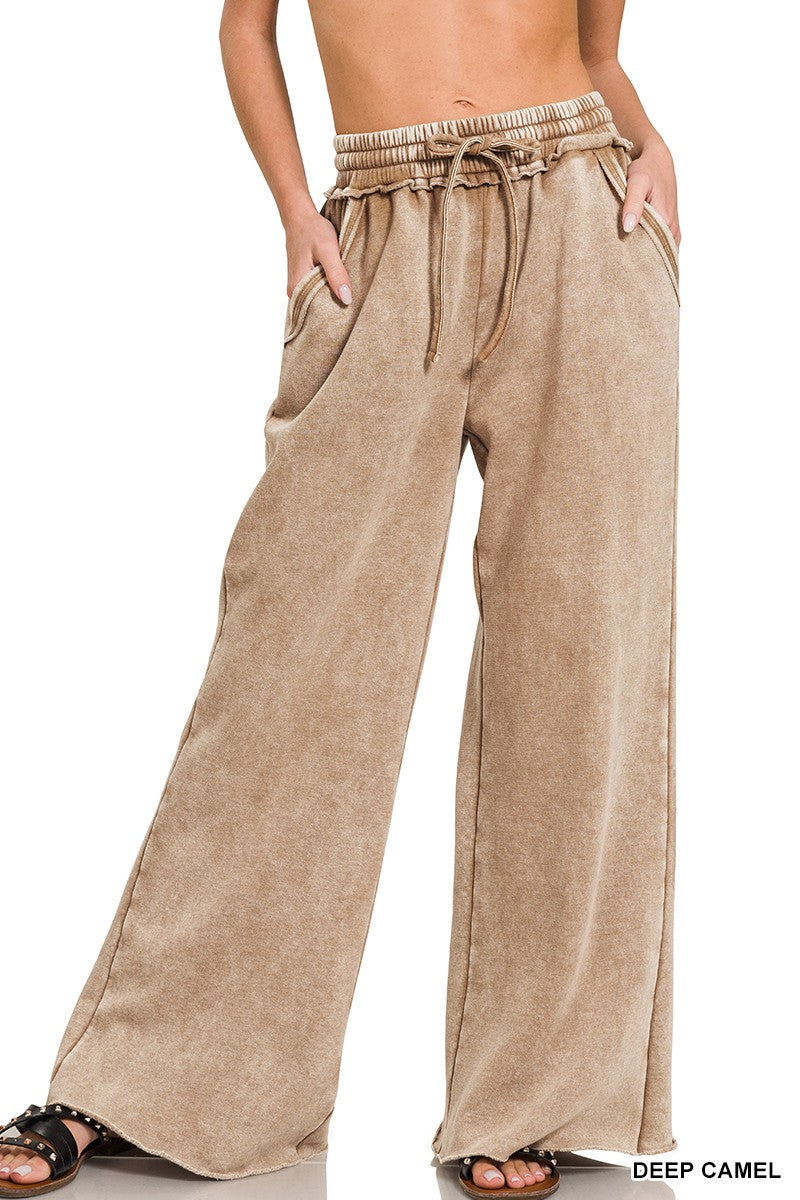 Acid Wash Fleece Palazzo Sweatpants With Pockets Deep Carmel