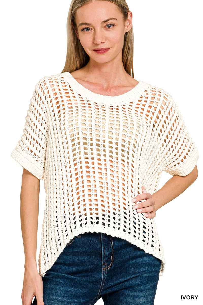 Fish Net Short Sleeve Crochet Sweater