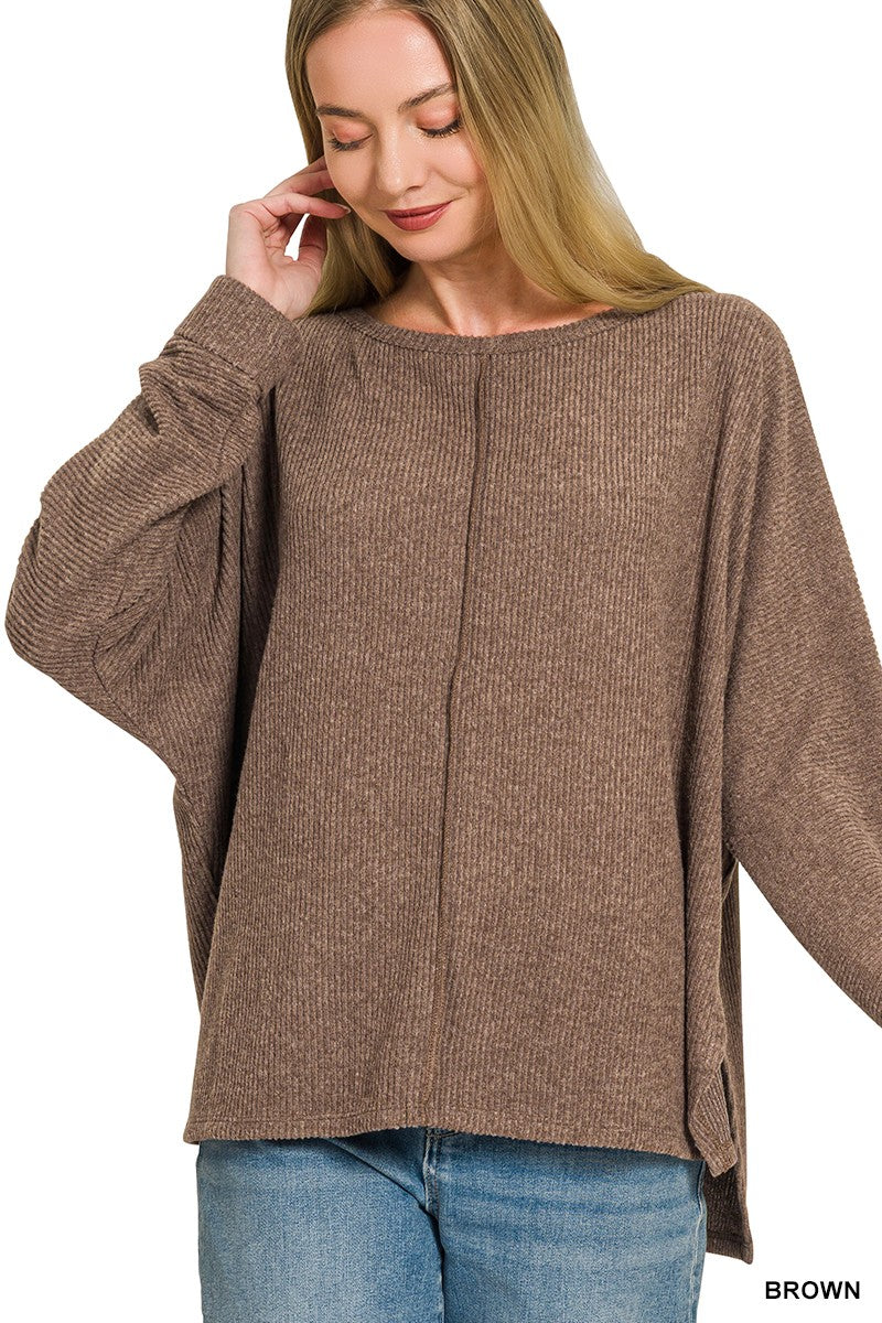 Ribbed Center Seam Dolman Sleeve Top - Brown
