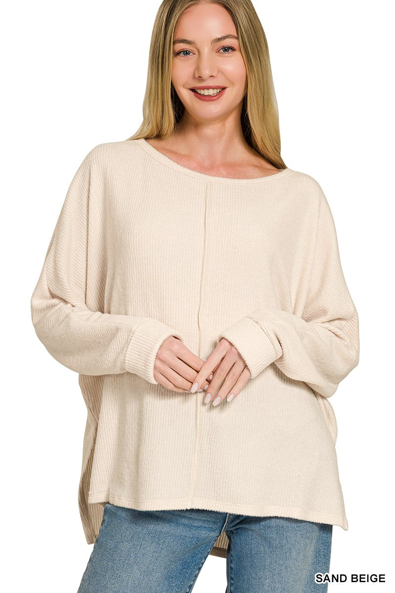 Ribbed Center Seam Dolman Sleeve Top - Sand Beige