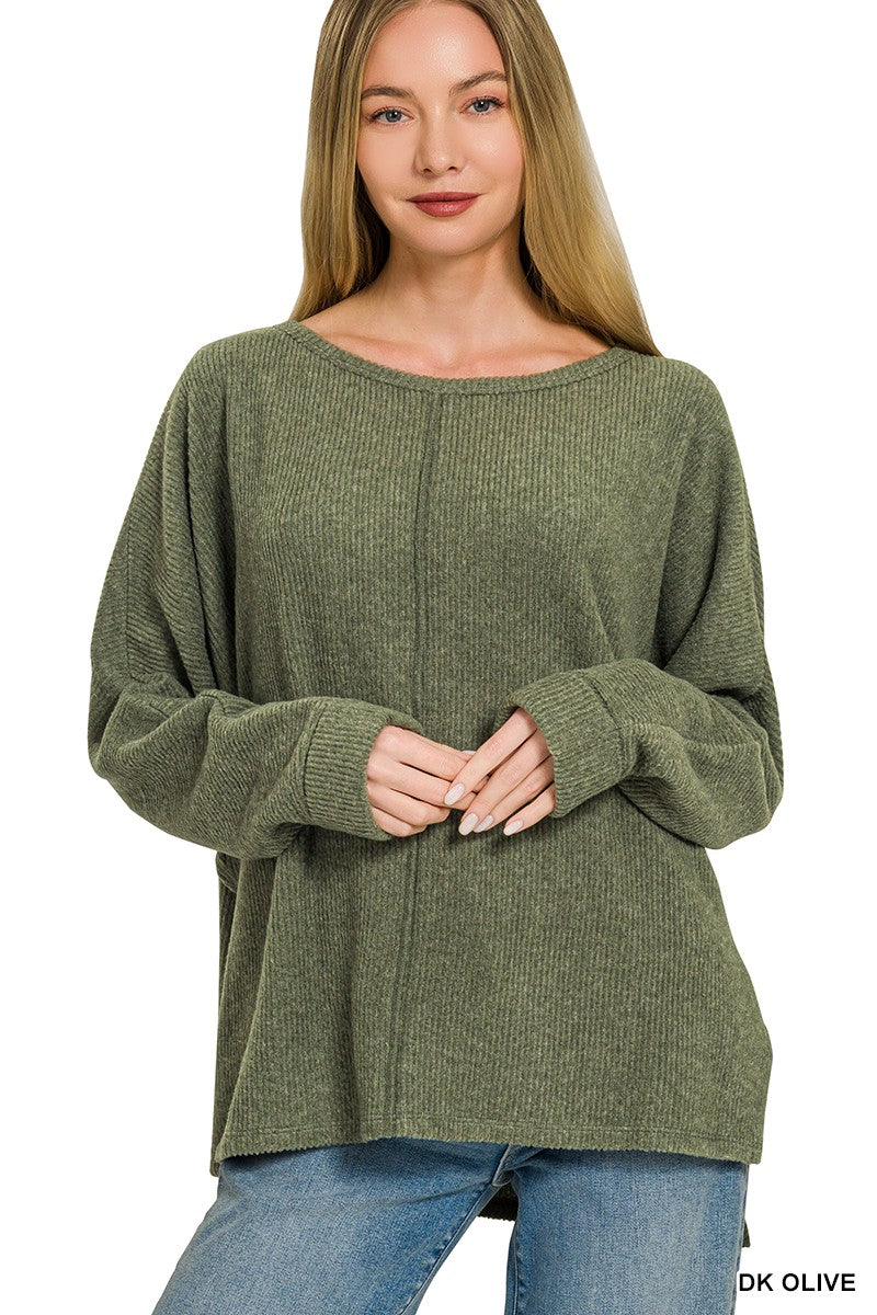 Ribbed Center Seam Dolman Sleeve Top - Dk Olive