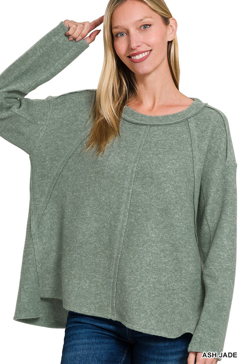 Brushed Exposed Seam Hi Low Sweater -Ash Jade