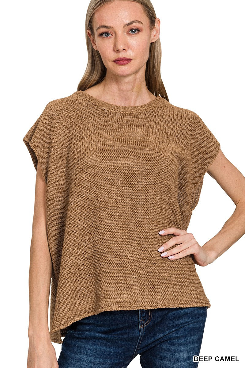 Oversized Crew Neck Sweater Vest - CAMEL