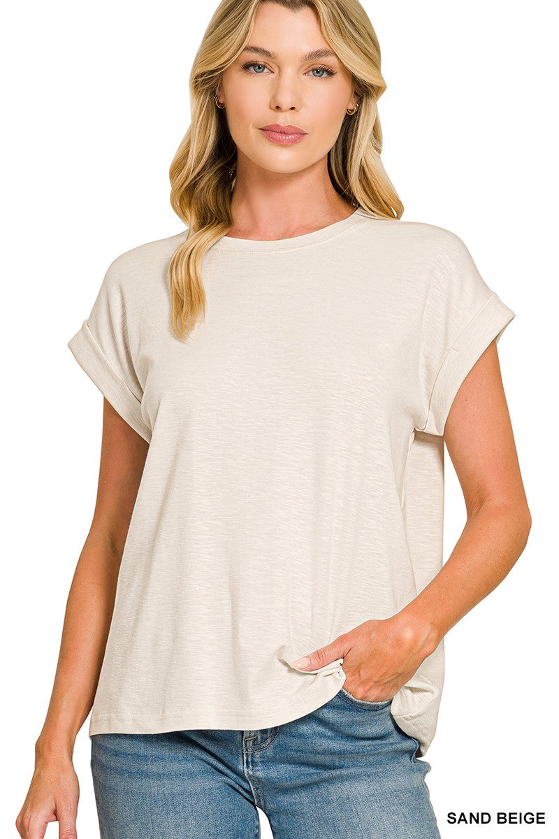 Cotton Modal Slub Rolled Sleeve Tee - Sand Beige