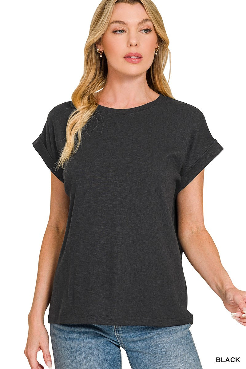 Cotton Modal Slub Rolled Sleeve Tee - Black