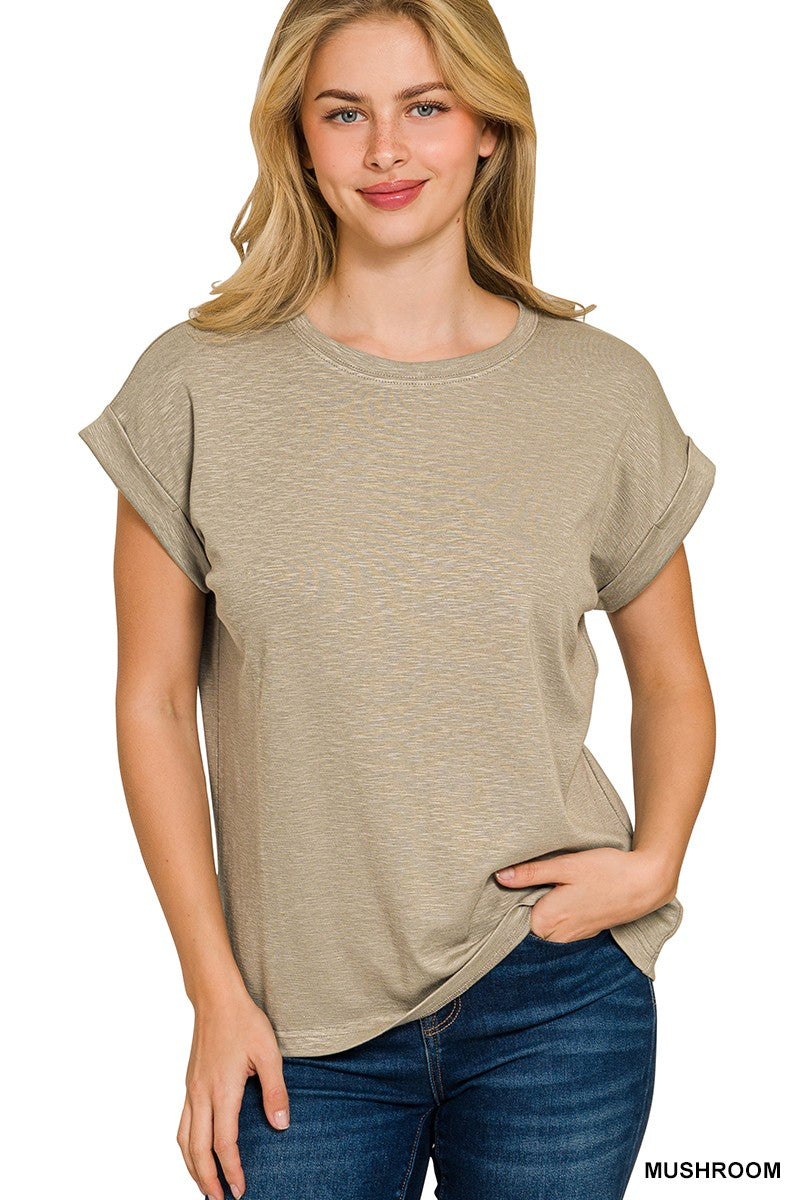 Cotton Modal Slub Rolled Sleeve Tee - Mushroom