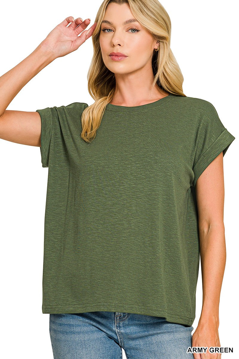 Cotton Modal Slub Rolled Sleeve Tee - Army Green