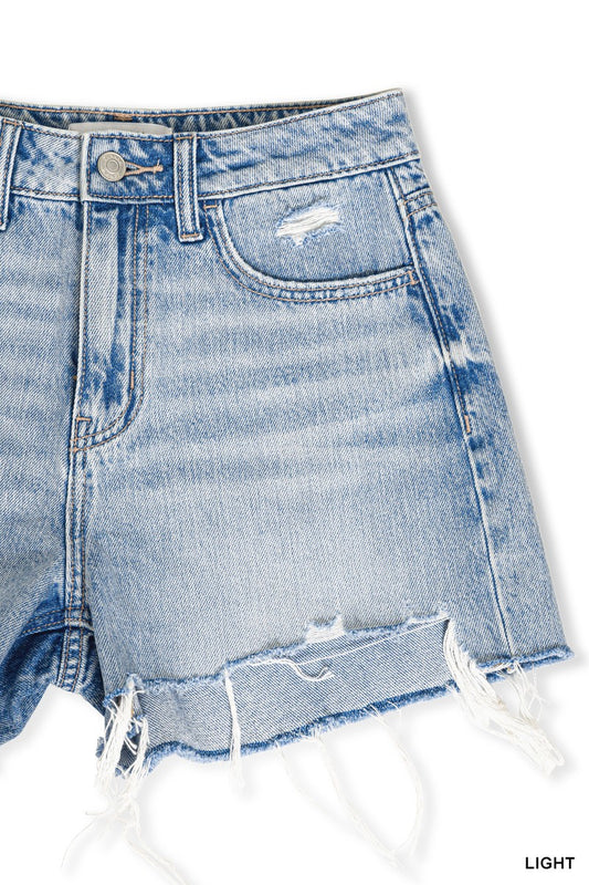 Distressed Hem Light Denim Shorts