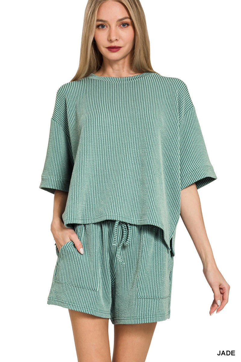 Rib Short Sleeve Tee & Shorts Set - Jade