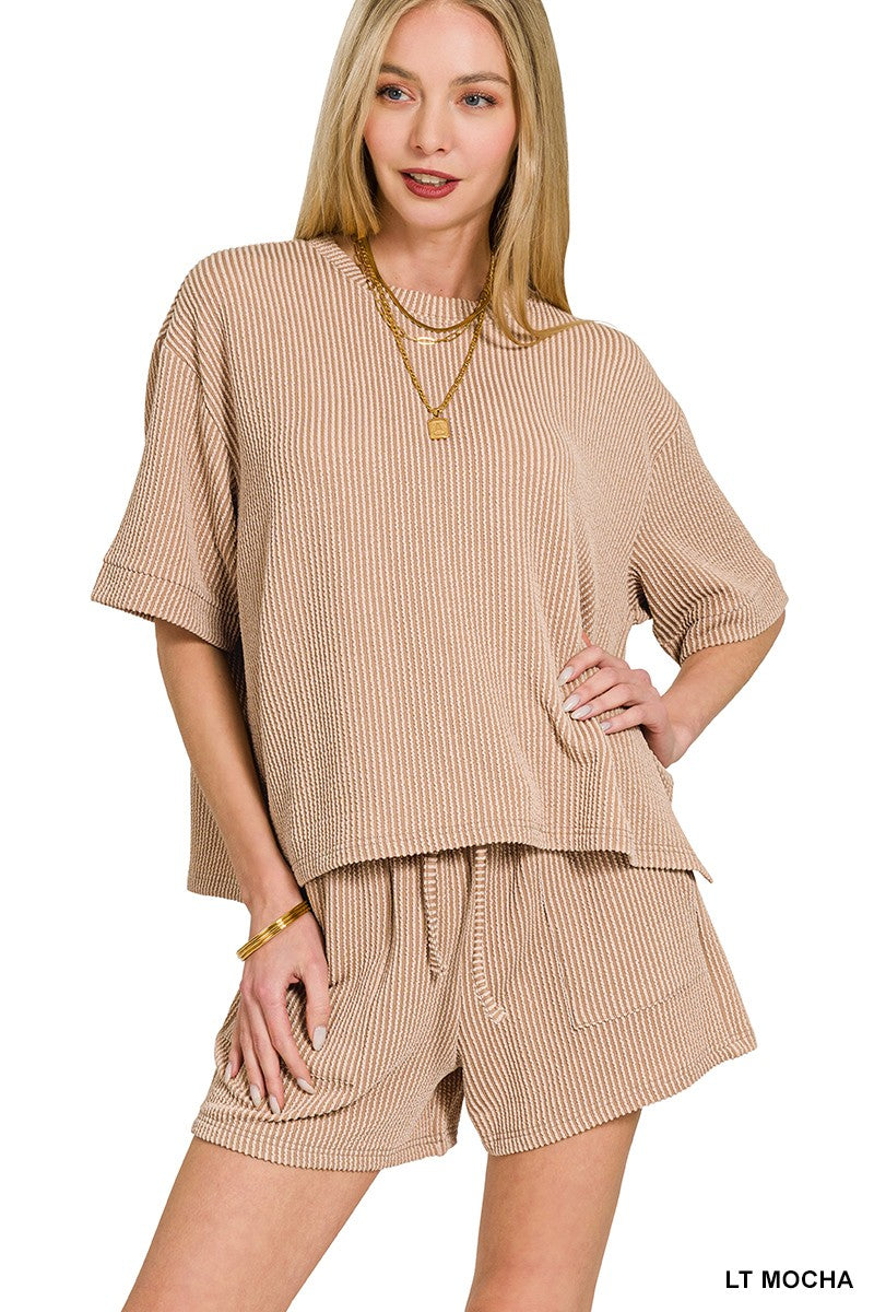 Rib Short Sleeve Tee & Shorts Set - Lt Mocha
