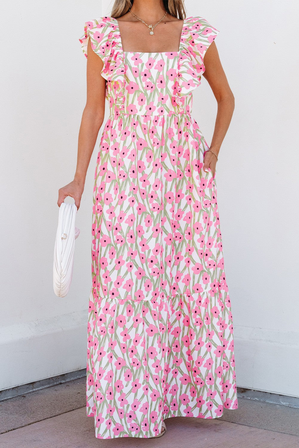 Floral Print Square Neck Ruffled Strap Maxi Dress