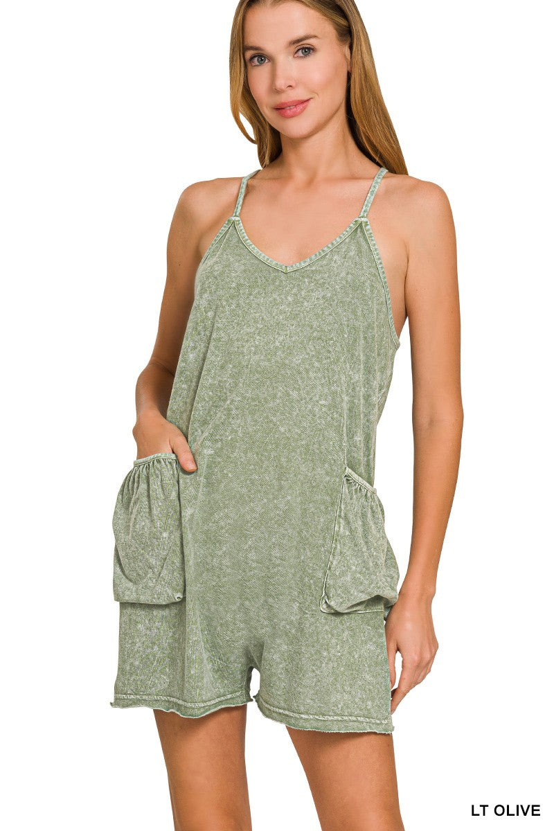 Light Olive Halo Snow Washed Spaghetti Strap Romper