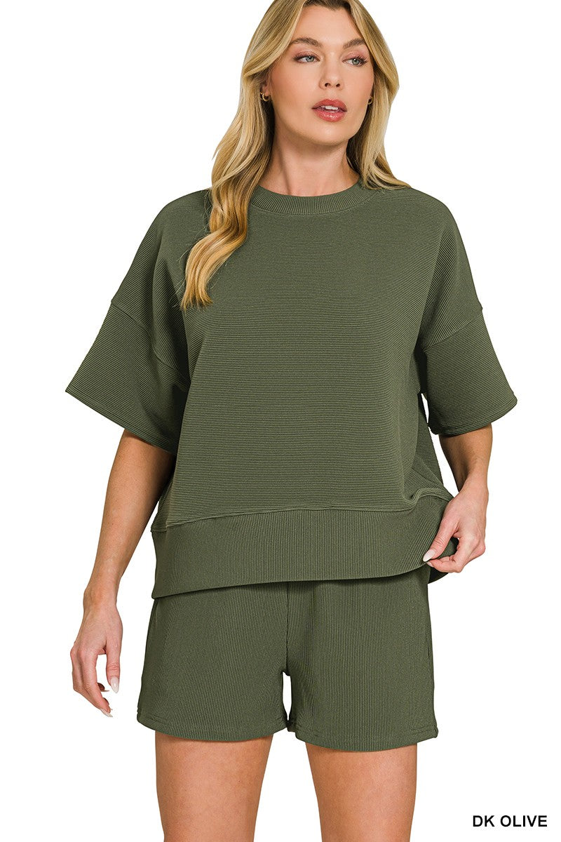 Ribbed Banded Tee & Shorts Set Olive