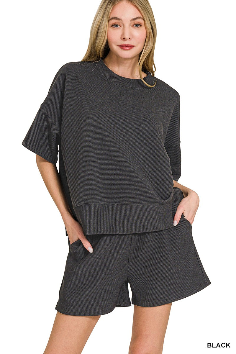 Ribbed Banded Tee & Shorts Set - Black