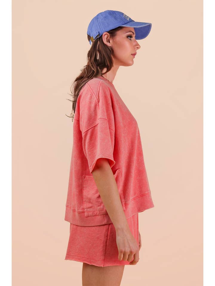 Mineral Washed Knit Casual Set - Coral