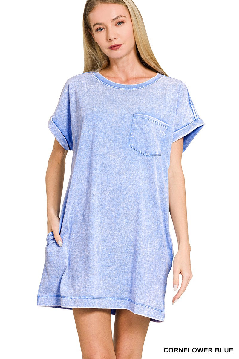 Cotton Washed T-shirts Dress - Blue