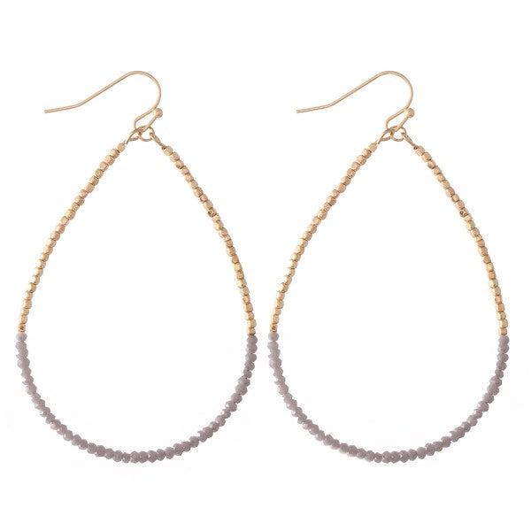 Long Dainty Beaded Teardrop Earrings -Dk Grey
