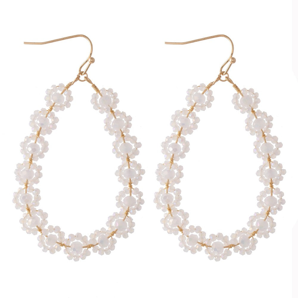 Beaded Flower Teardrop Earrings - White