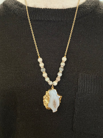 Stone/Geode with Crystal Beads Gold Necklace, Grey