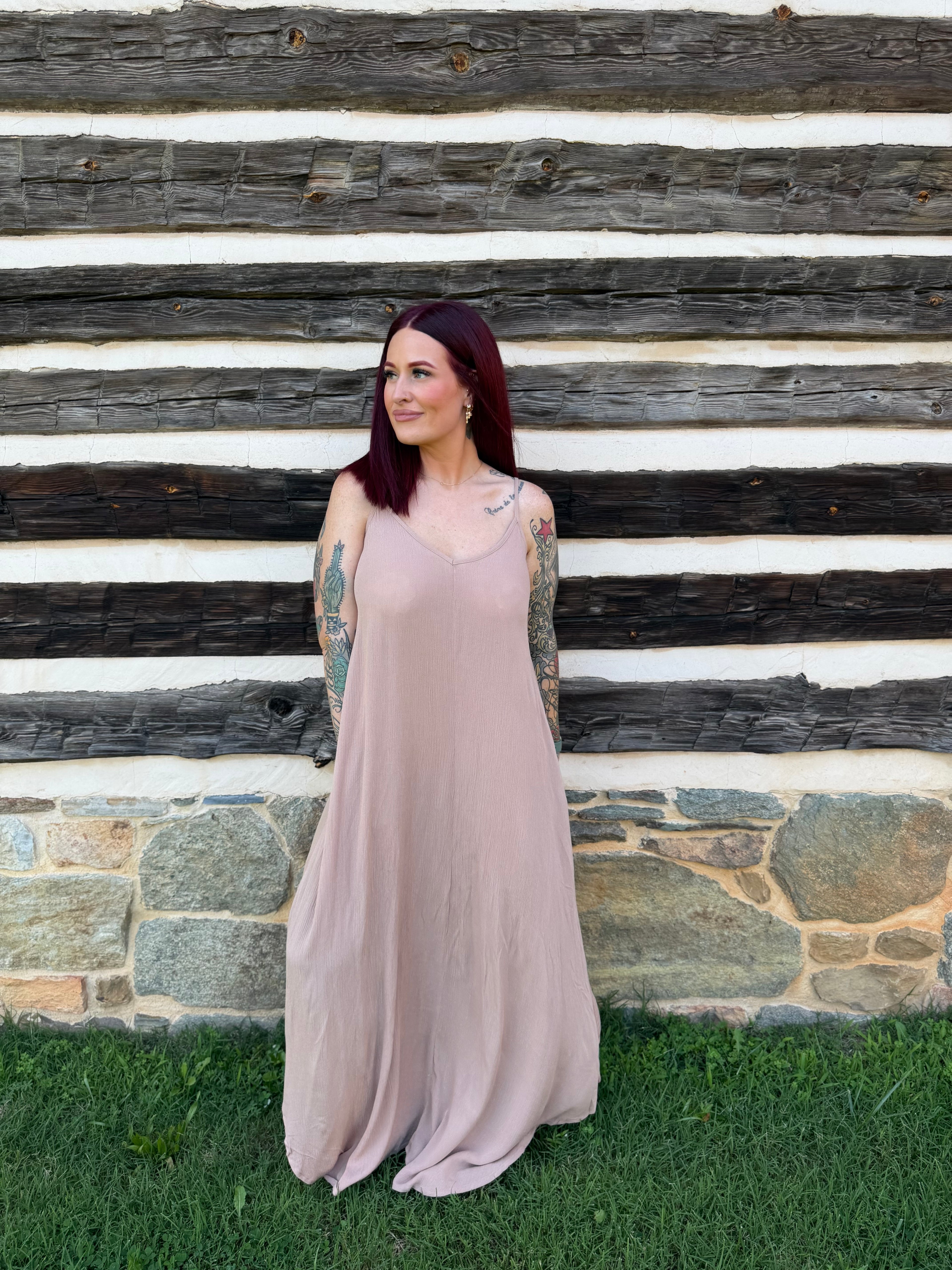 Woven Crinkle Cami Maxi Dress W Side Pockets - Brush