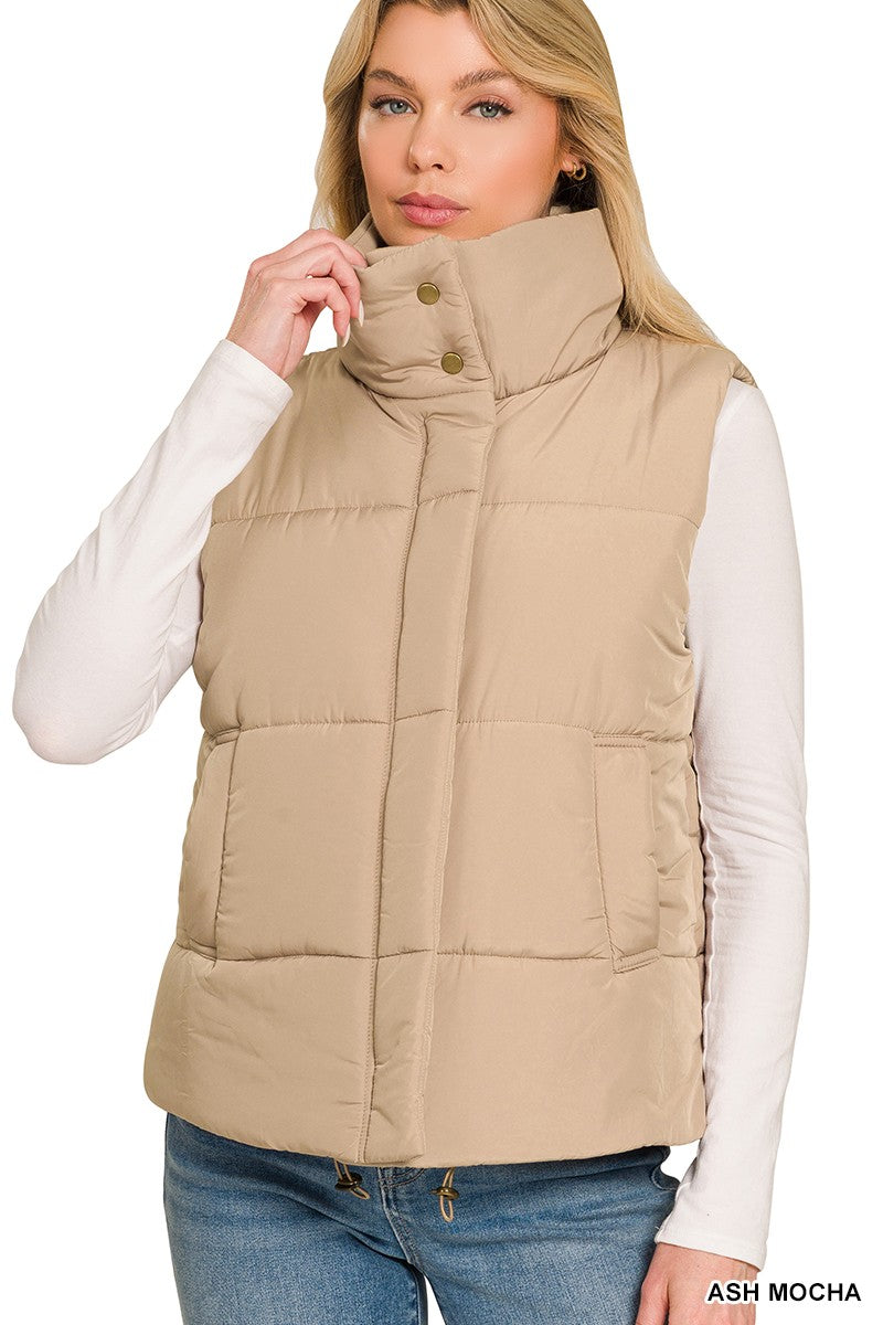 High Neck Puffer Vest Ash Mocha