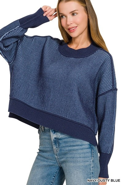 Exposed Seam Two Tone Sweater - Navy