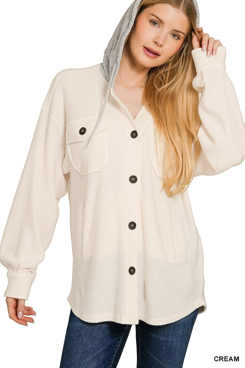 Brushed Rib Hooded Button Down Shacket