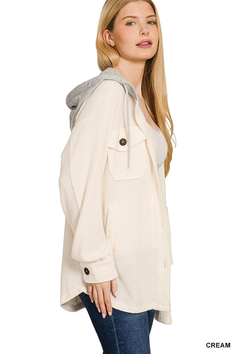 Brushed Rib Hooded Button Down Shacket