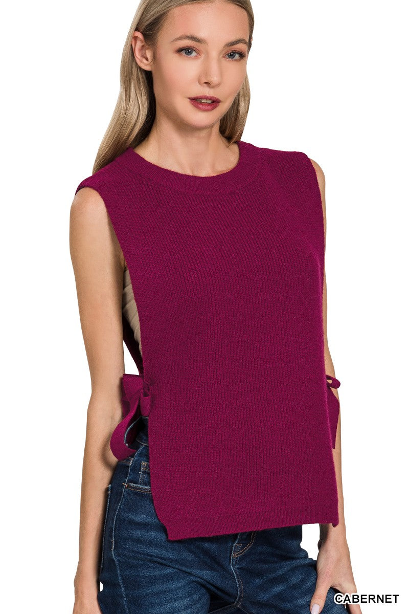 Side Tie Sweater Vest - Wine