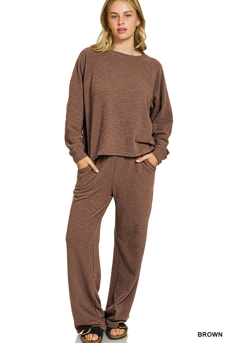 Slub Long Sleeve Top & Pants 2pcs Set - Brown