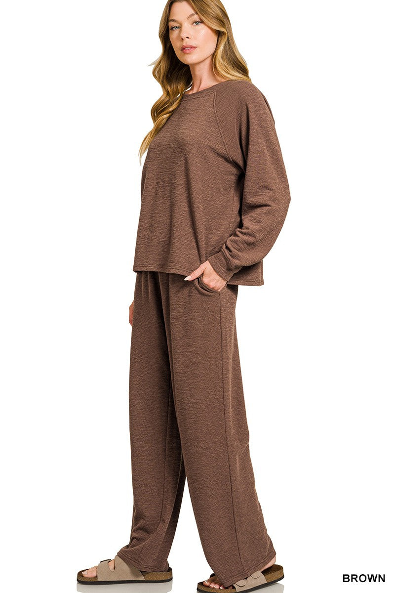 Slub Long Sleeve Top & Pants 2pcs Set - Brown