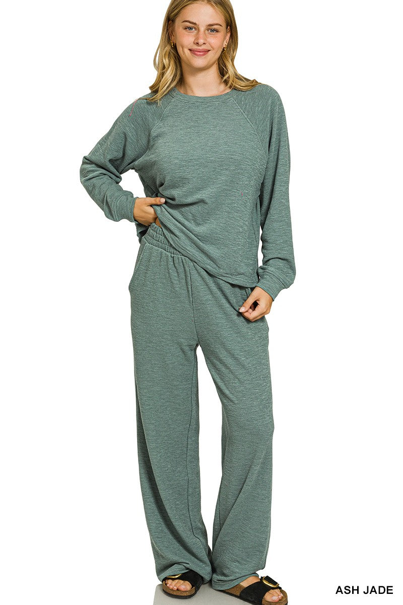 Slub Long Sleeve Top & Pants 2pcs Set - Ash Jade