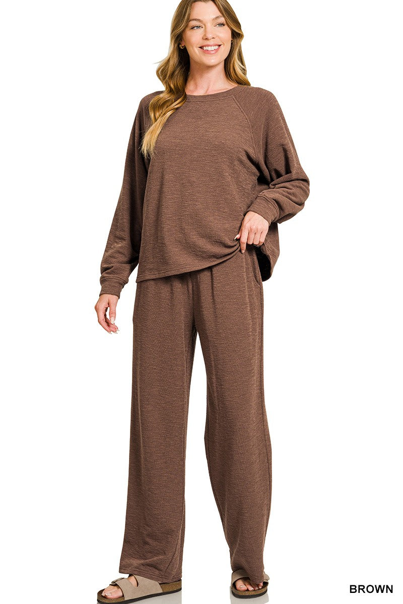 Slub Long Sleeve Top & Pants 2pcs Set - Brown