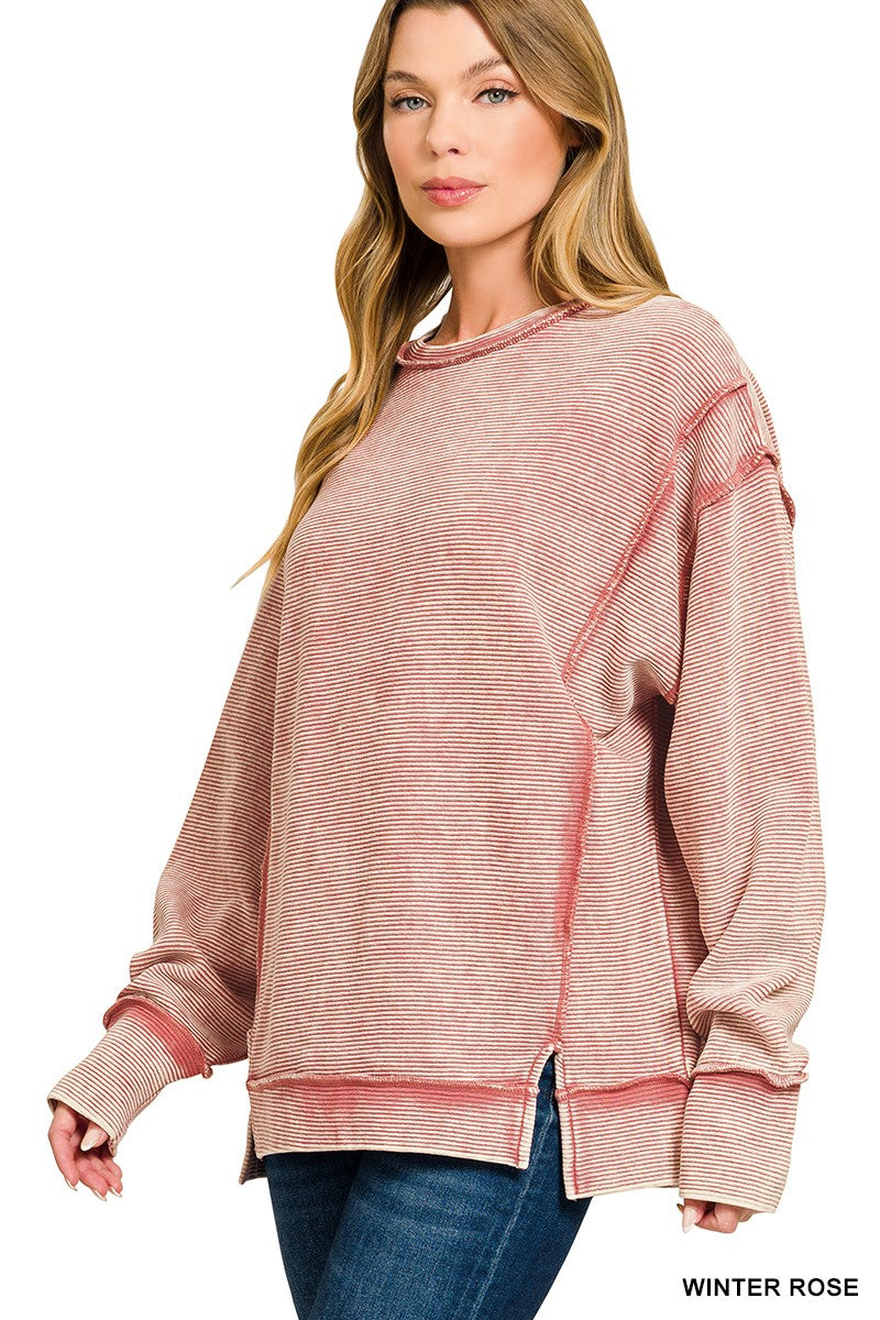 Acid Washed Double Ribbed Pullover - Winter Rose