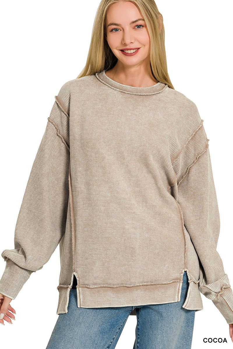 Acid Washed Double Ribbed Pullover - Cocoa