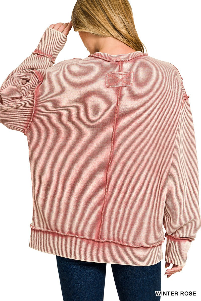Acid Washed Double Ribbed Pullover - Winter Rose