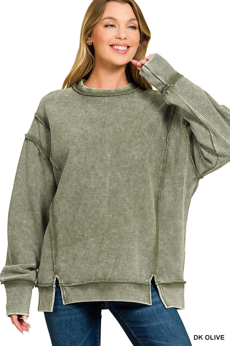 Acid Washed Double Ribbed Pullover - Olive